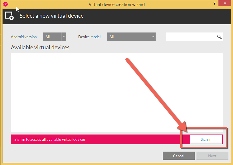 09 sign in to select virtual device - genymotion