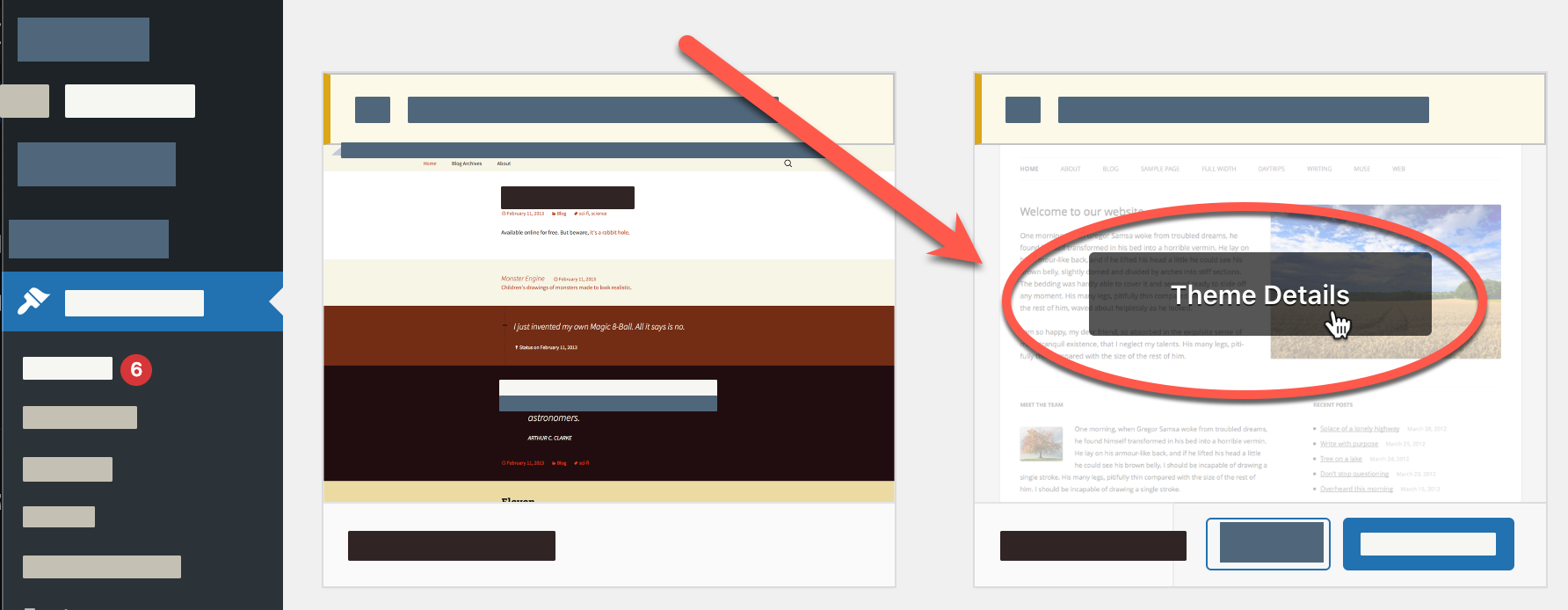Wordpress show theme detail button 