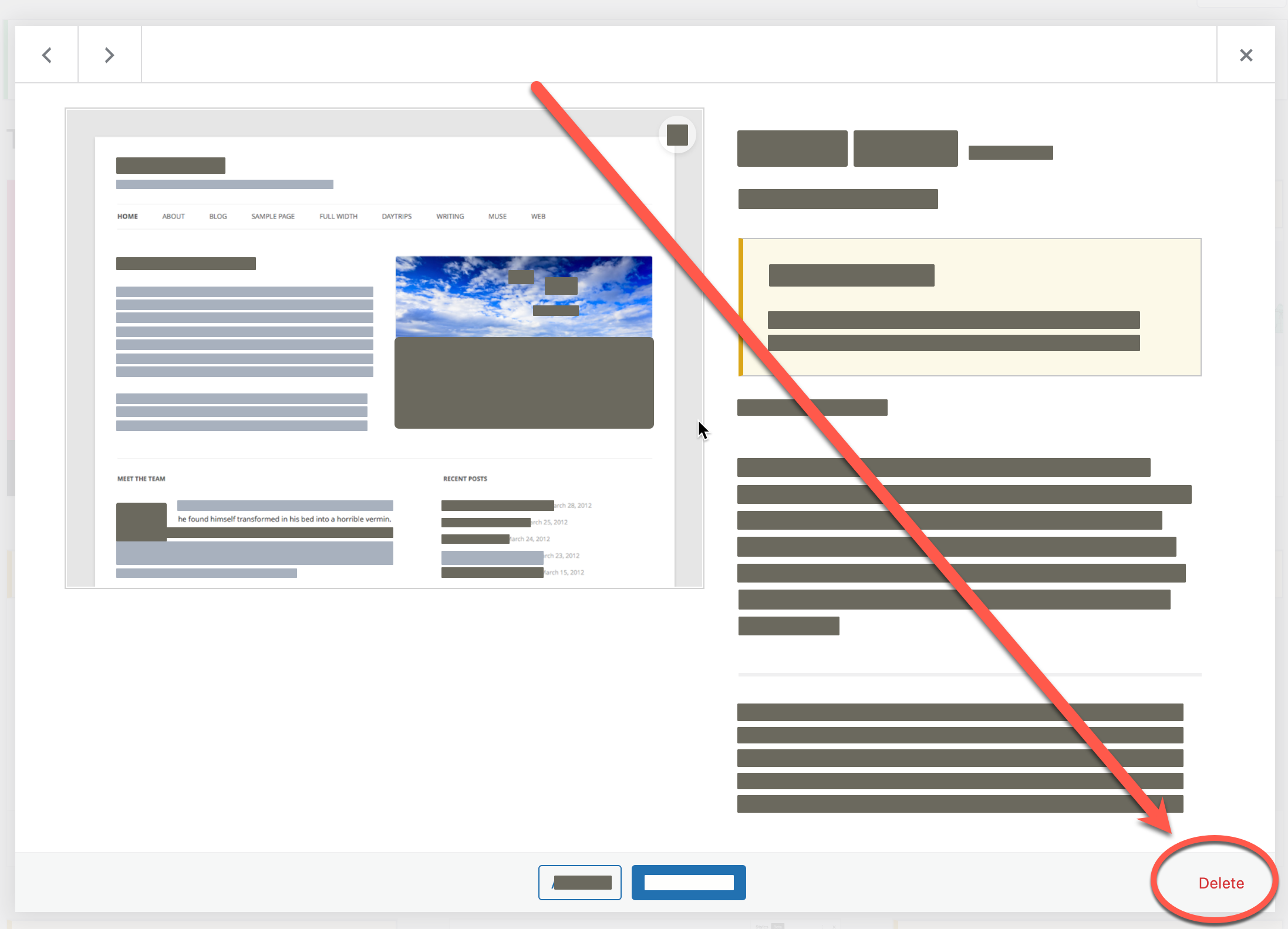 Wordpress Theme detail show delete button