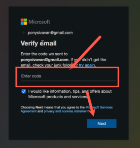 Create Microsoft Account - verify code
