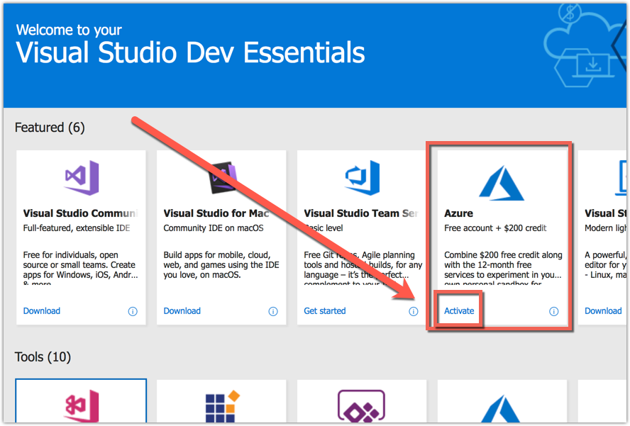 Visual studio Dev Essential - activate azure