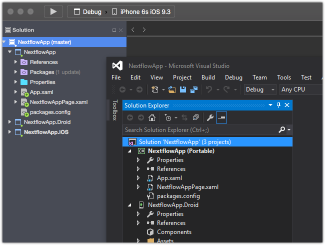 Xamarin Studio (บนซ้าย) และ Visual Studio (ล่างขวา)